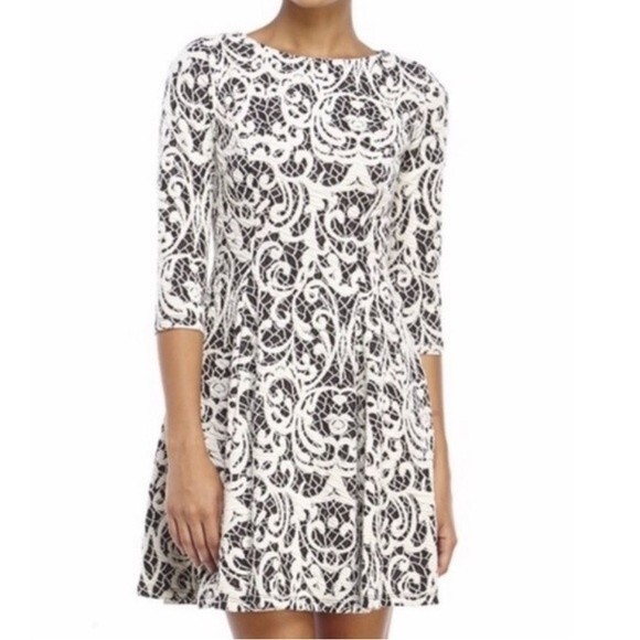Eliza J Black and White Knit Lace Pattern 3/4 Sleeve Dress, Size 6 - Picture 1 of 11